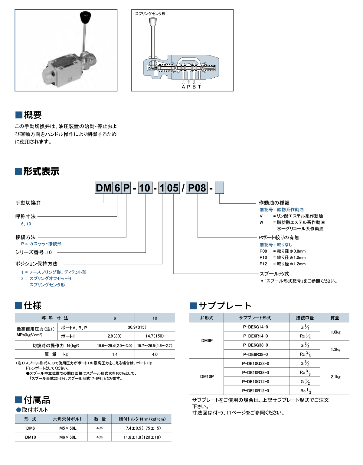 Manually Operated Directional Valve DM6P 사양