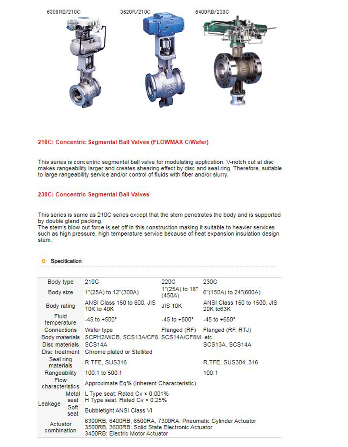 SEGMENTAL BALL VALVE 210C 사양